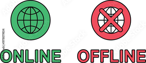Green online globe icon and red offline symbol with text labels