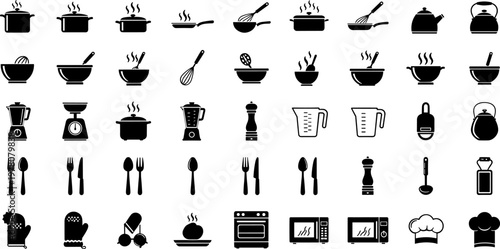 Kitchen utensils and appliances icons silhouette vector illustration featuring cooking motifs, culinary tools, food preparation designs, and decorative art