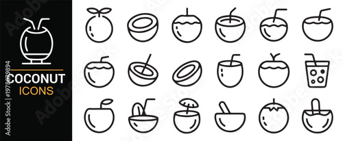 Healthy coconut drinks and organic beverage icons