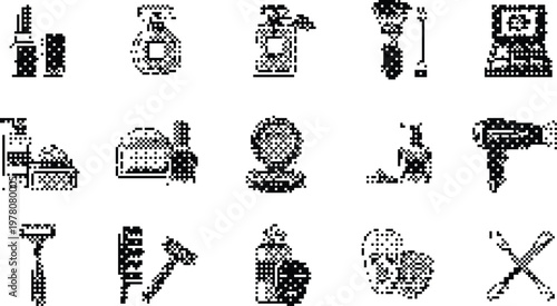 Beauty Cosmetics Icons Pixelated Bitmap Halftone Dotted Dither Vector Set