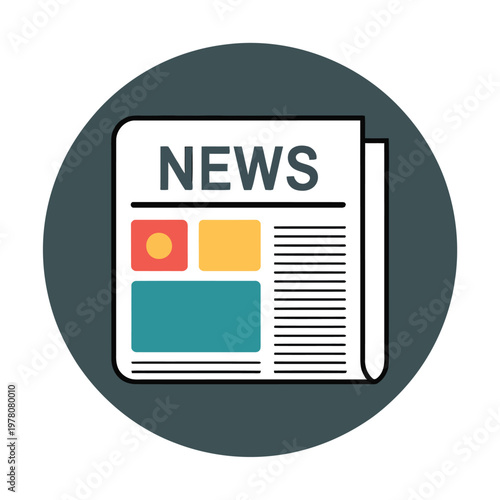 Newspaper icon set against a circular dark background signifies global information media.