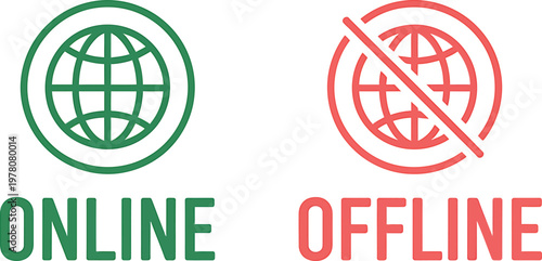 Online and Offline Status Web Icons with Globe Symbols and Text Labels in Minimalist Design