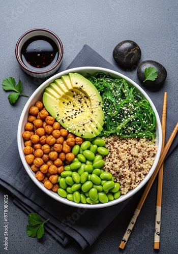 Vegan Buddha Bowl with Avocado, Chickpeas, Edamame, and Quinoa