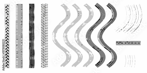 Collection of various tire tread patterns and rubber textures isolated on white