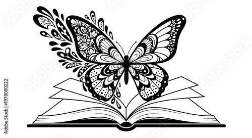 Butterfly emerging from an open book.