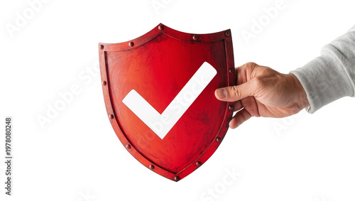 Bild auf Leinwand Red Shield with White Checkmark Held by Human Hand