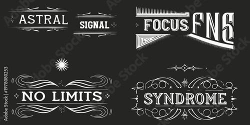 Hand lettered typographic designs with ornate decorative elements on black