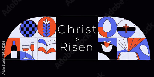 A stained glass style illustration proclaiming christ is risen