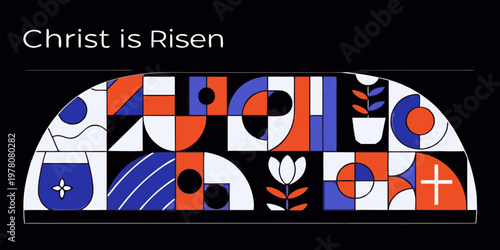 Abstract stained glass design with easter message christ is risen