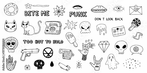 A collection of quirky hand drawn doodles and lettering in black and white