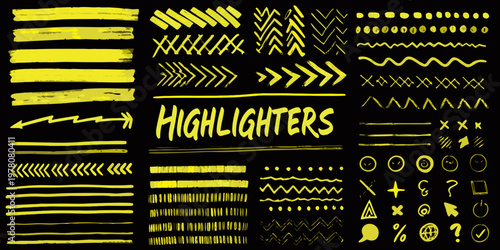 Collection of bright yellow highlighter marks and doodle shapes on black