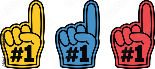 Three foam fingers showing number one symbol in yellow, blue, and red against black