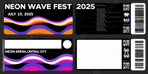 Neon wave fest 2025 ticket design featuring vibrant abstract waves