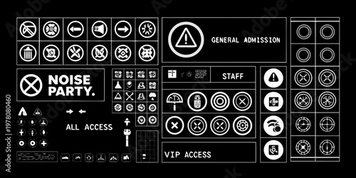 Collection of various white warning and informational symbols on black background