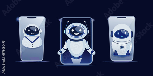 Three adorable robots displayed on smartphone screens against a dark background