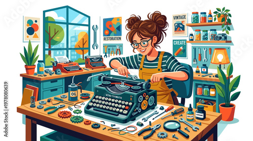 Woman working on old typewriter.