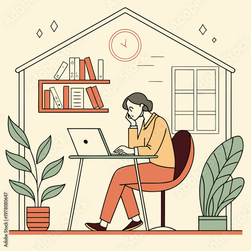 Woman working remotely from home office surrounded by plants with remote work indoor plants long hours freelancer