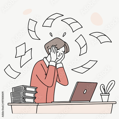 Overwhelmed office worker stressed by paperwork and tasks with overwhelmed paperwork deadline pressure frustration