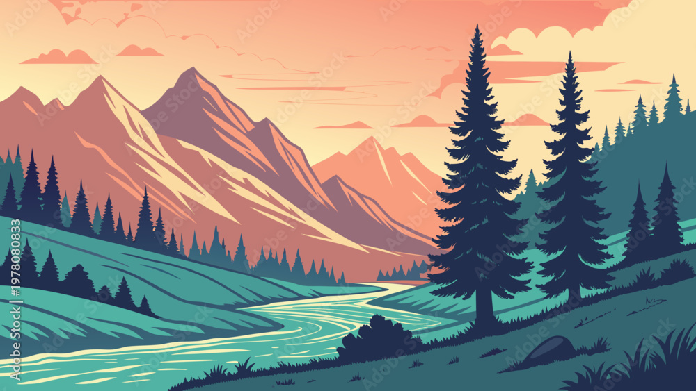 Fototapeta premium Serene landscape illustration with winding river, evergreen trees, tall mountains, and warm sunrise sunset sky in orange pink tones contrasting cool green blue valley for nature design