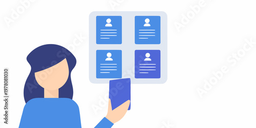 Woman viewing profiles on a mobile phone digital interface displayed