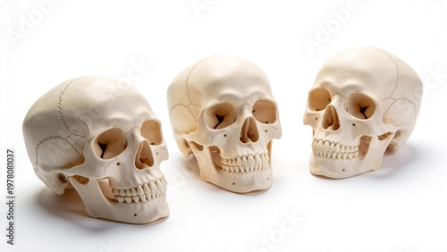 Three human skull models on white background