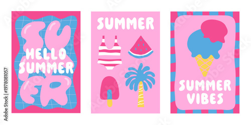 ポップな夏のイラストカード・ポスター　海・ビーチ・夏休み・旅行・バカンス・太陽・アイコン