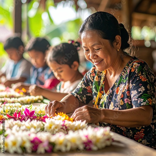 Smiling Woman and Children Crafting Traditional Flower Garlands.
