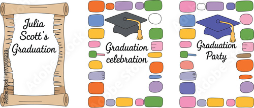 Graduation Celebration Frames with Caps and Scroll Isolate PNG
