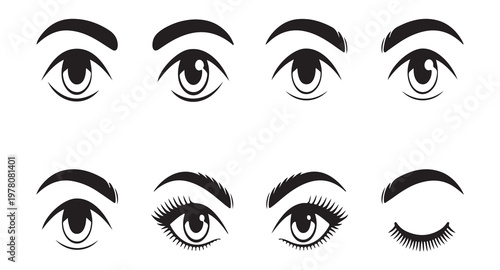 Set of human eyes showing various expressions without or with simple eyelashes.