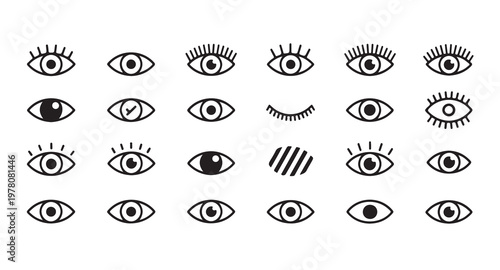 Set of eye icons showing different types of open and closed eyes with lashes.