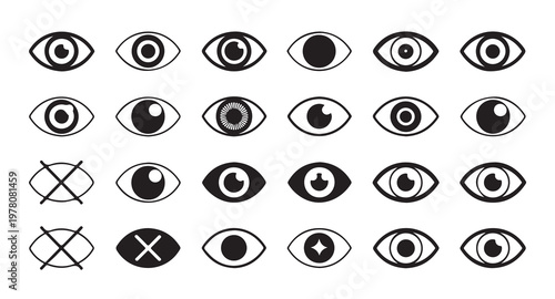 Set of various eye icons with different styles and expressions for vision and ophthalmology symbols.