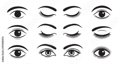 Set of women's eyes some open with pupils and some closed with long lashes illustration.