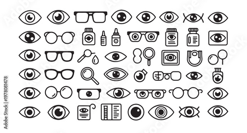 Eye icons and optometry equipment symbols for vision healthcare and eye care services.