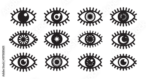 Stylized eye symbols with detailed pupils and lash elements vector illustrations.