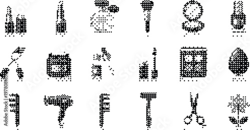 Beauty Cosmetics Icons Pixelated Bitmap Halftone Dotted Dither Makeup Skincare Haircare Fashion Style Glamour Spa Salon