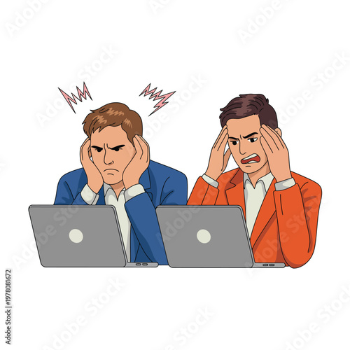 Two stressed businessmen sitting at laptops with frustrated expressions