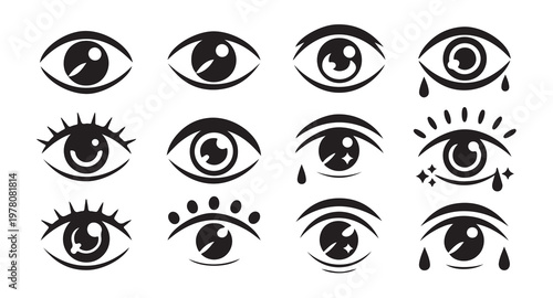 Set of detailed black eye icons with expressive features on white background creative.