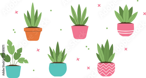 Vector illustration of decorative potted plants with colorful pots and green leaves in minimalist style
