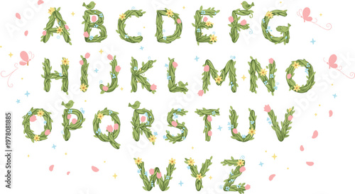 Vector illustration of decorative floral alphabet A to Z with leafy vines, flowers, birds, and butterflies