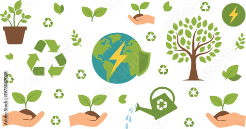 Vector illustration of eco‑friendly themes with plants, recycling, renewable energy, globe, and environmental protection symbols