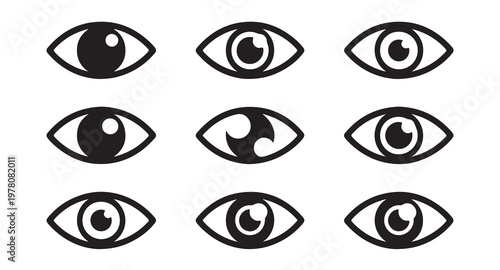 Collection of nine distinct eye icons with varied pupil and iris designs.