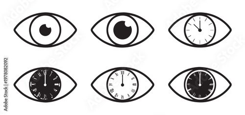 Eye icons with clocks inside flat icons for design use.
