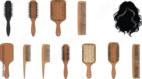 Vector illustration of hairbrushes, combs, and grooming tools with silhouette of long wavy hair