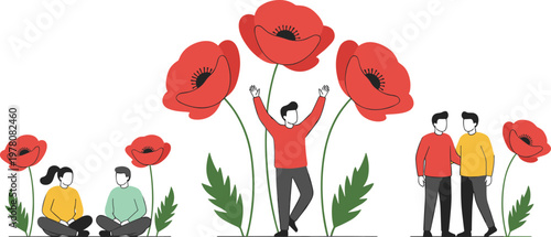 Vector illustration of stylized human figures with oversized red flowers symbolizing nature, growth, and harmony