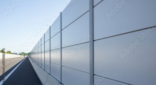 Highway noise barrier wall along roadway with modern design and clean lines, providing sound insulation for drivers.