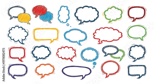 colorful hand-drawn speech bubbles and thought clouds scattered across a clean white background