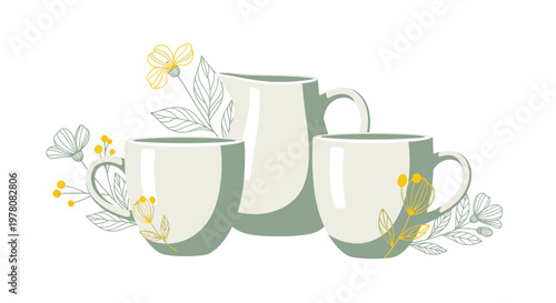 Ceramic Mugs with Floral Illustration - Cozy Beverage Set