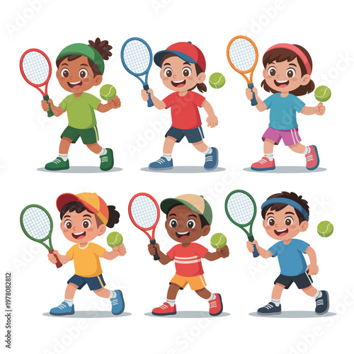 A group of happy children playing tennis with rackets and balls