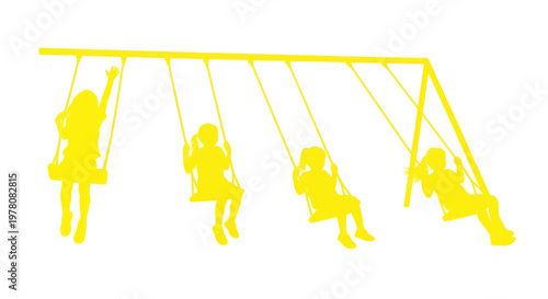 Children playing on swings at playground, yellow silhouette on white background.