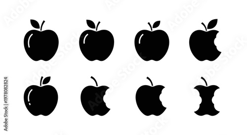 Collection of Black Apple Icons: Whole, Bitten, and Core